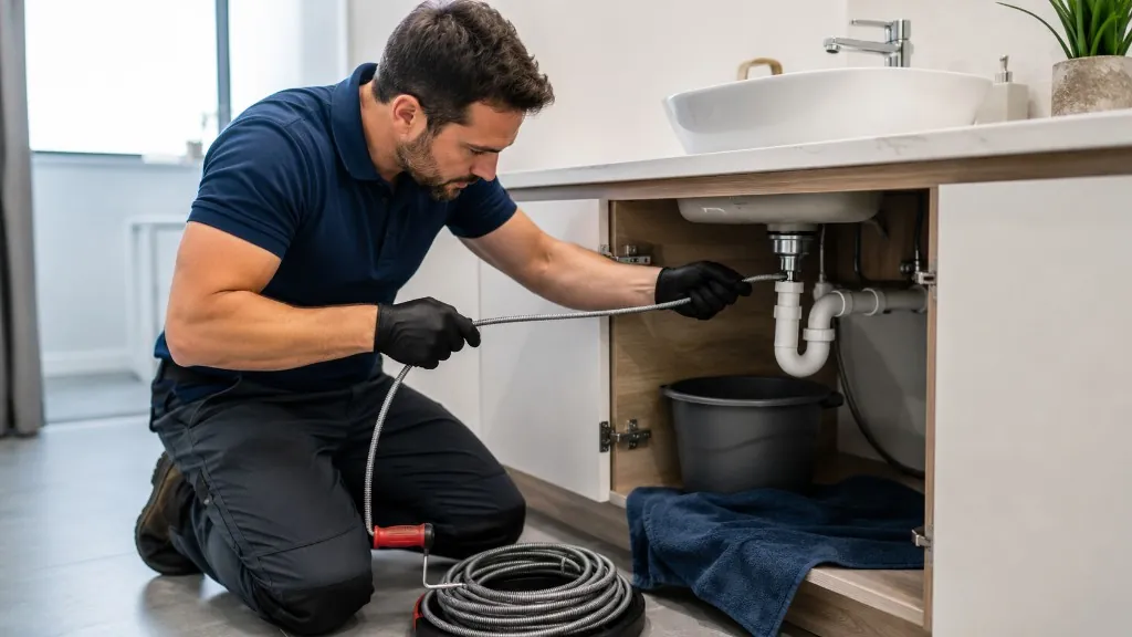 Plombier débouchant une évacuation de lavabo avec un furet dans une salle de bain à Thiais, seau et serviette sous le siphon