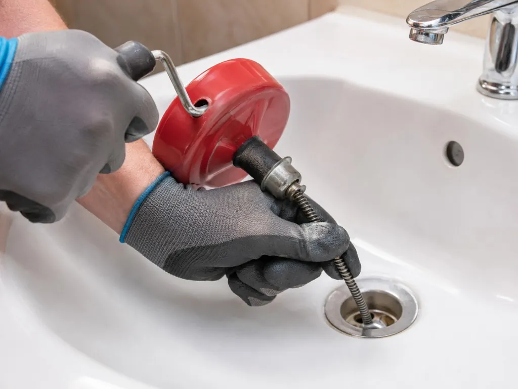 Mains gantées guidant le câble d'un furet manuel dans la bonde d'un lavabo à Thiais